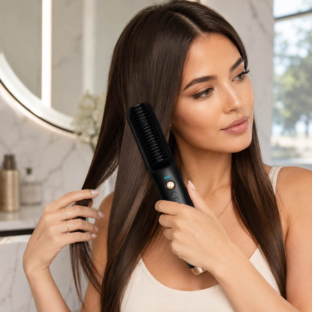 Brosse lissante SMY Beauty utilisée dans une routine cheveux
